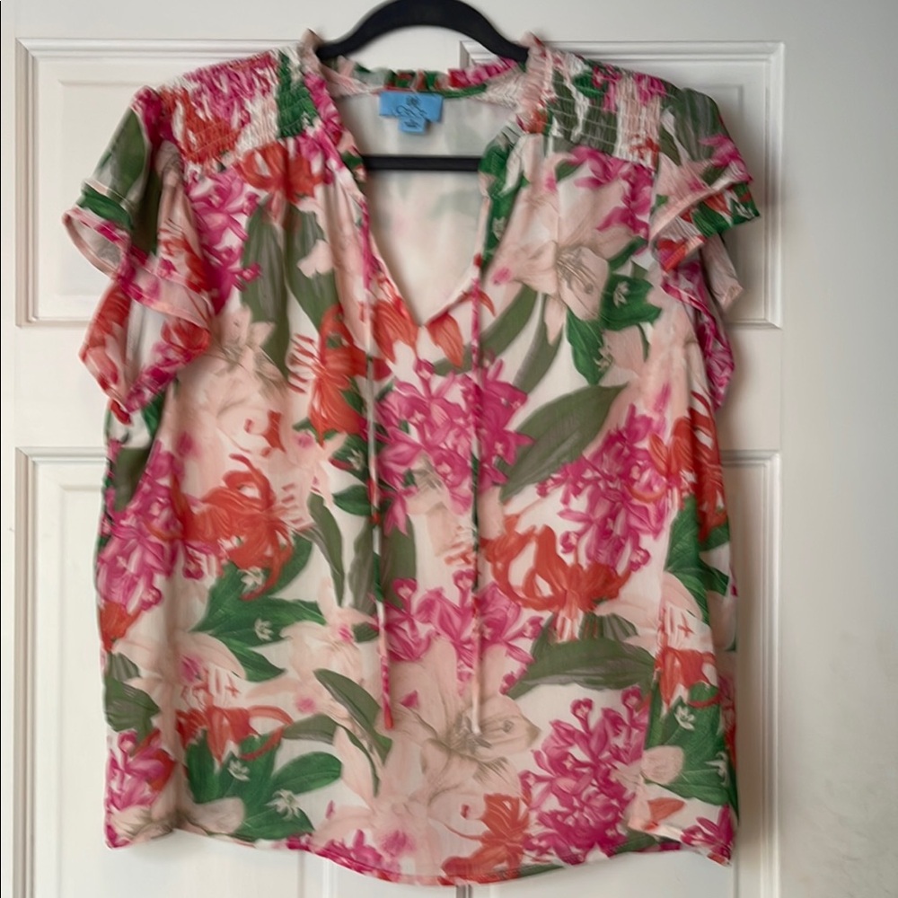CeCe Flutter Sleeve Tie-Neck Floral Blouse - Pink and Green